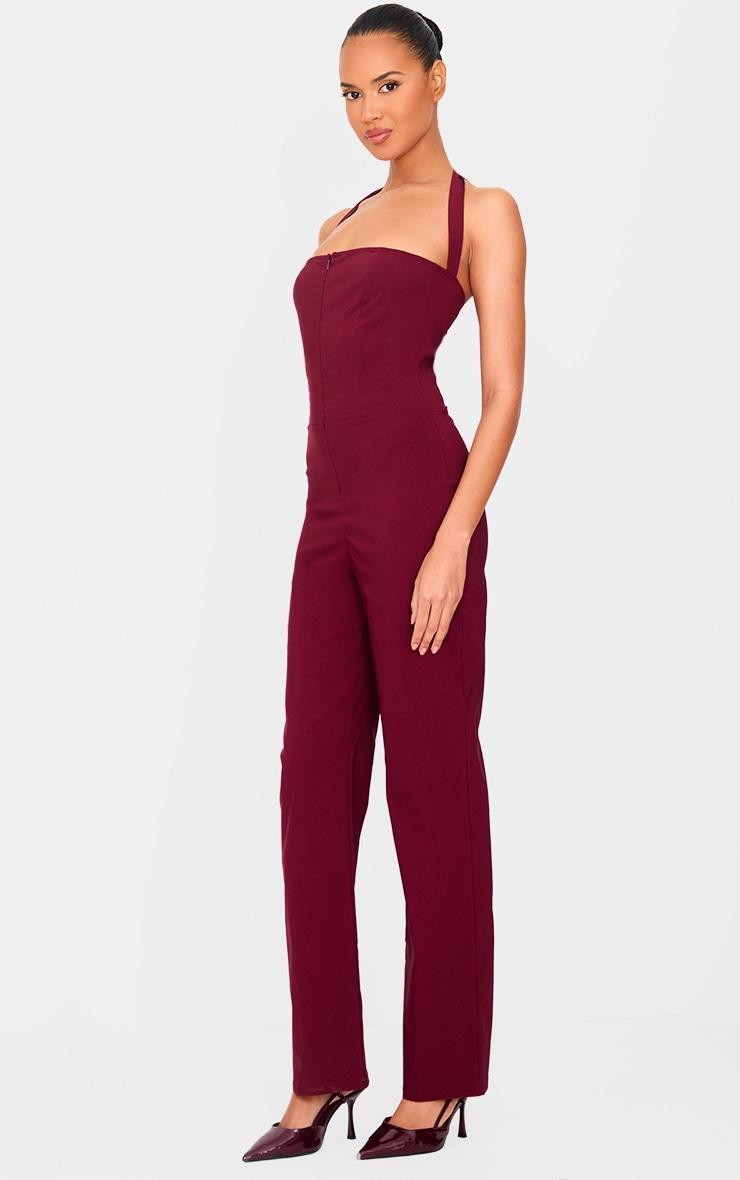 Burgundy Stretch Woven Thick Halterneck Strap Straight Leg Jumpsuit Product Image