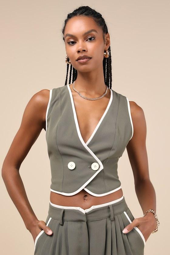 Composed Aesthetic Olive Green Color Block Twill Vest Product Image