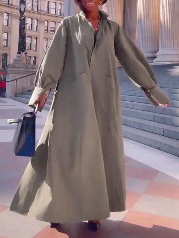 Long Sleeves Loose Solid Color Split-Joint Split-Side Lapel Maxi Dresses Shirt Dress Product Image