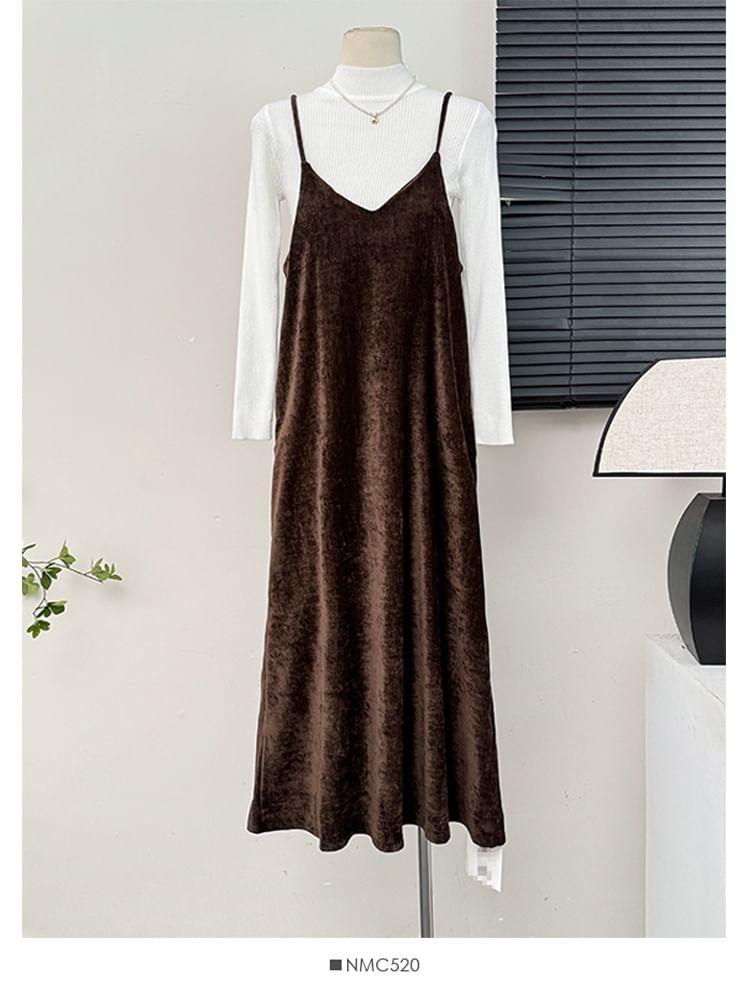 Set: Sleeveless Loose A-Line Dress + Mock-Neck Knit T-Shirt Product Image