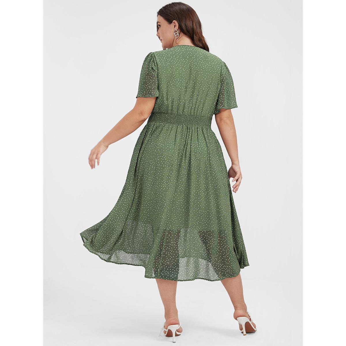 Polka Dot Button Pocket Shirred Ruffles Wrap Dress Product Image