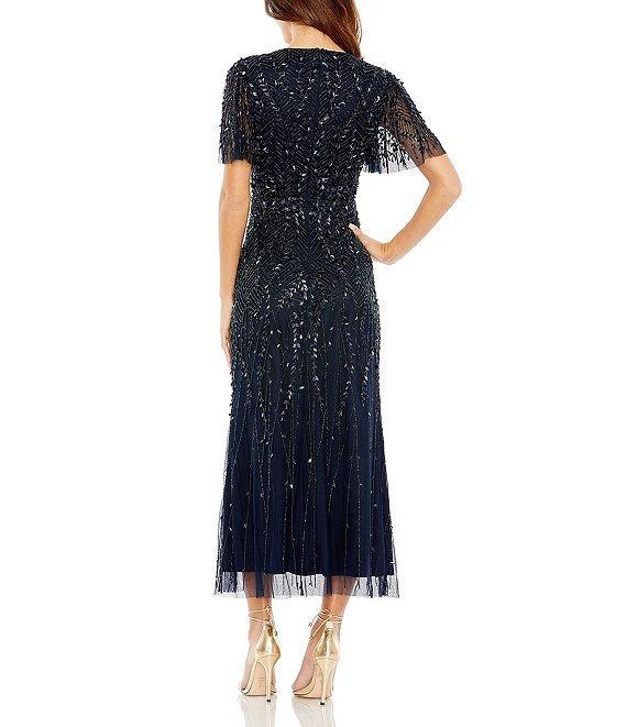 Mac Duggal Beaded V-Neck Flutter Sleeve Faux Wrap Midi Dress Product Image