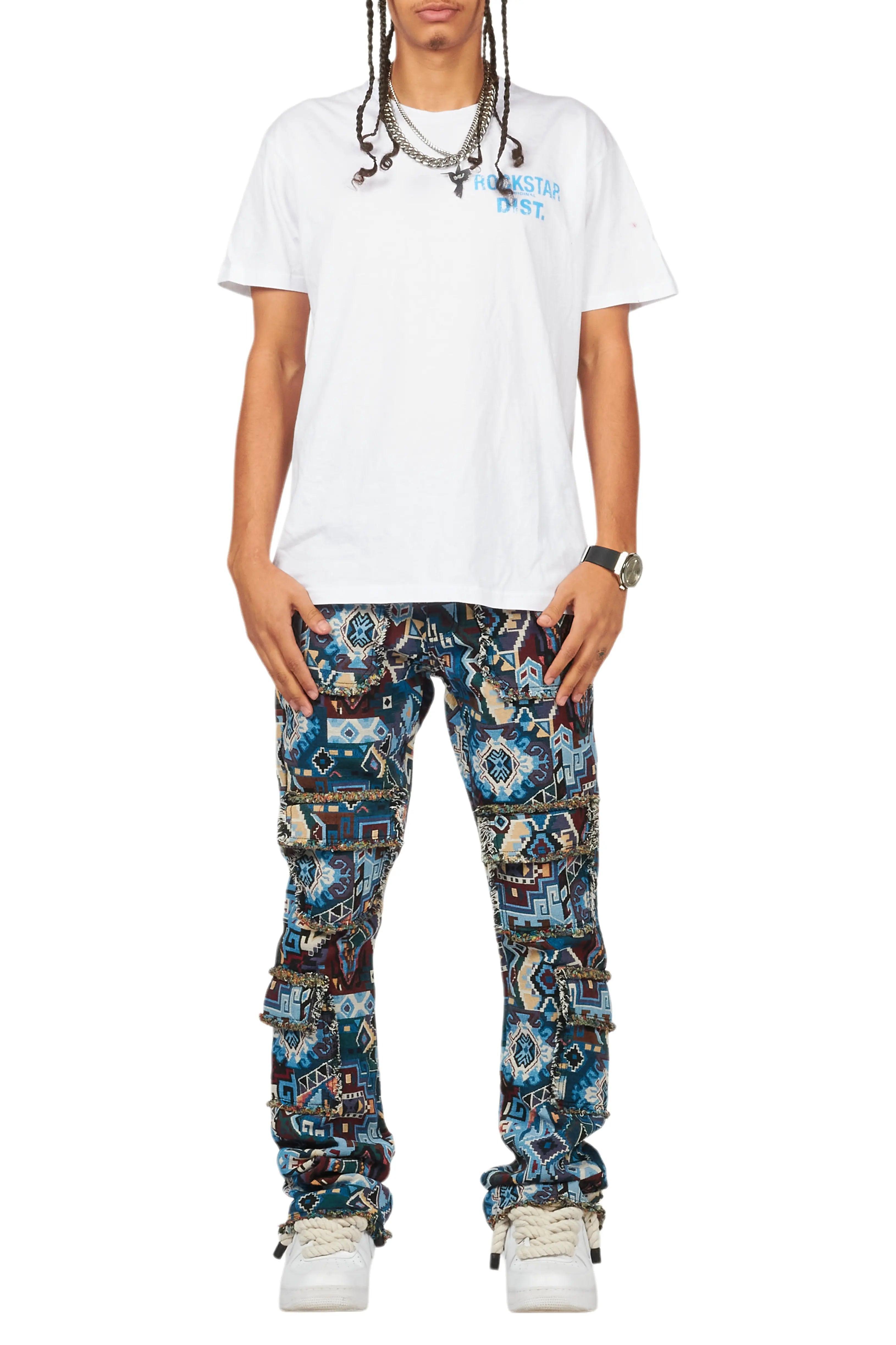 Tayami Tapestry Blue Cargo Stacked Flare Jean Male Product Image