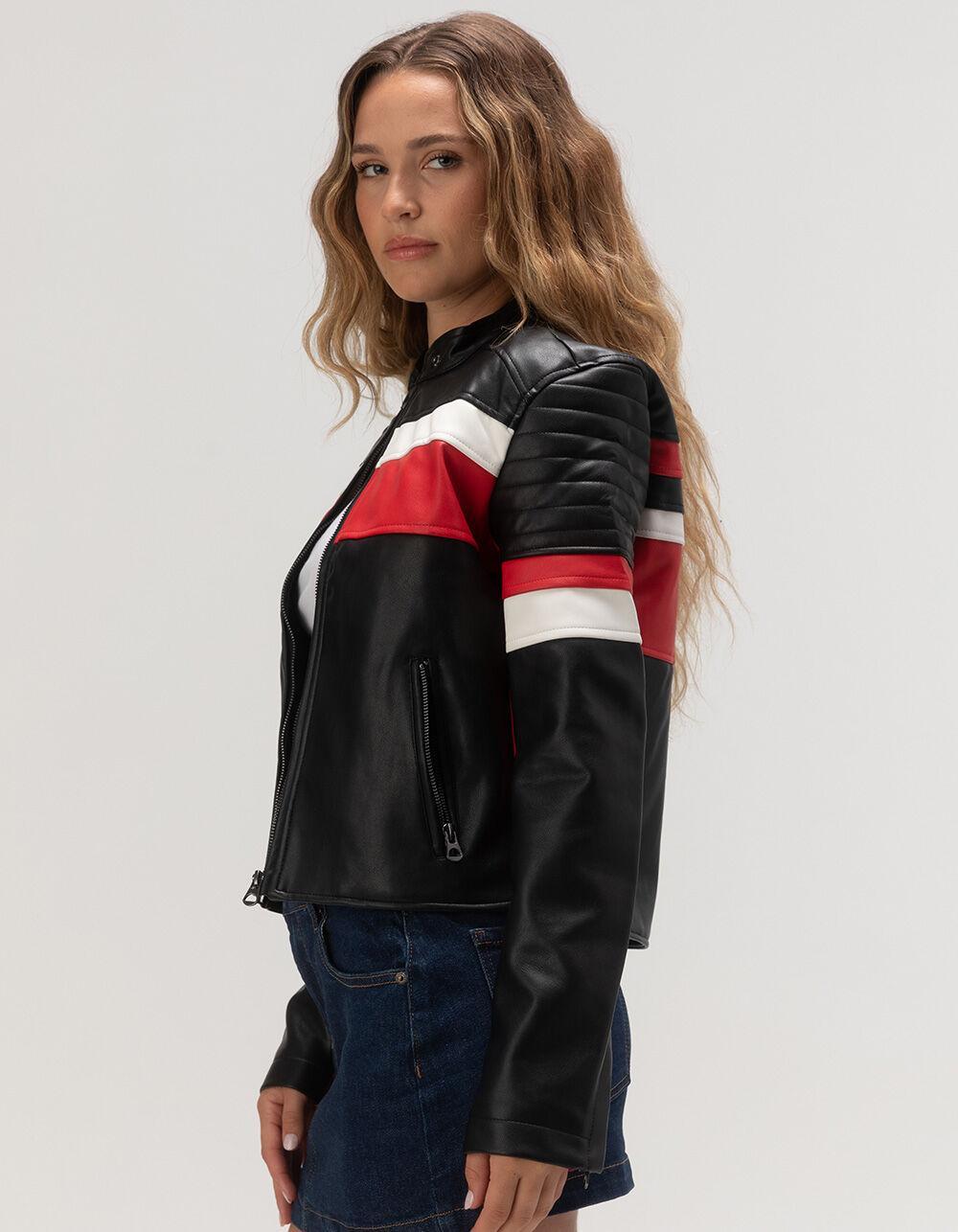 ASHLEY Stripe Racing Faux Leather Womens Jacket Product Image