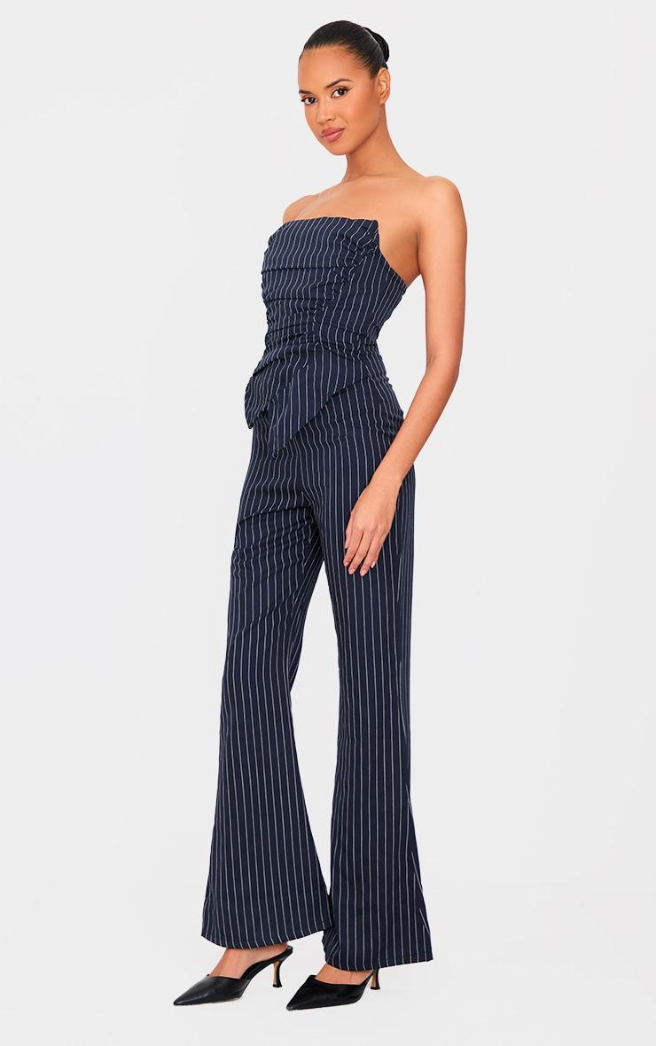 Navy Pinstripe Ruch Pointed Corset Bandeau Jumpsuit Product Image