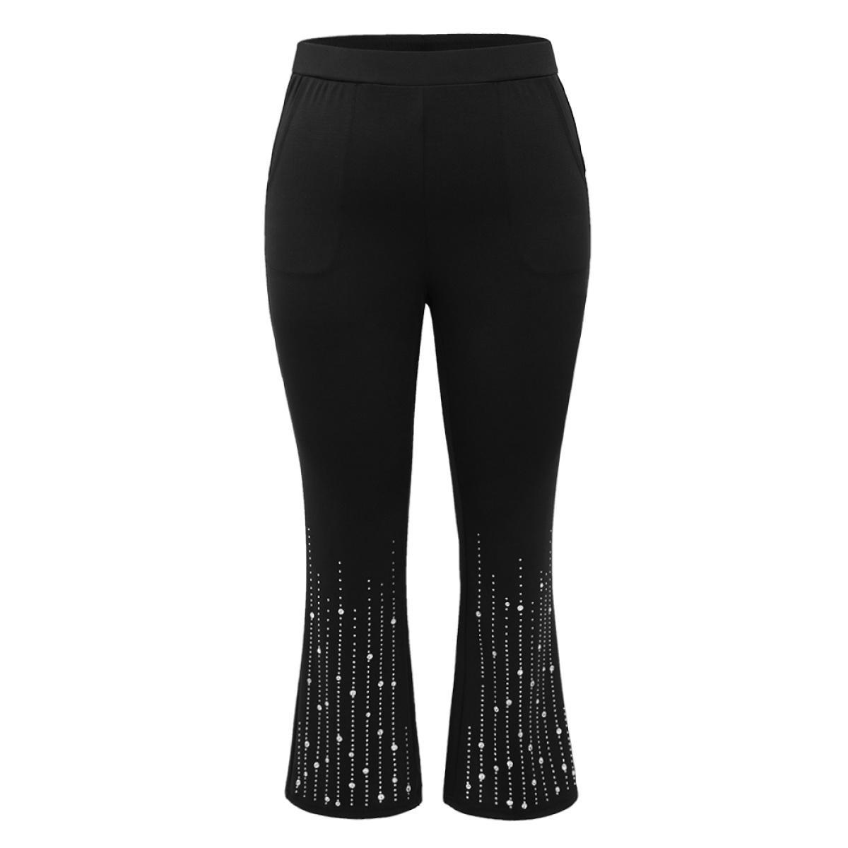 Plus Size Rhinestone Elastic Waist Bootcut Pants Women Black Cocktail Bootcut High Rise Party Pants BloomChic 14-16/1X Product Image