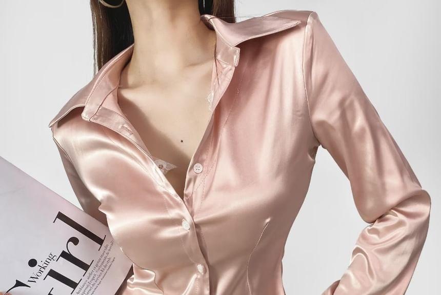 Long Sleeve Collared Lace Trim Satin Shirt Product Image