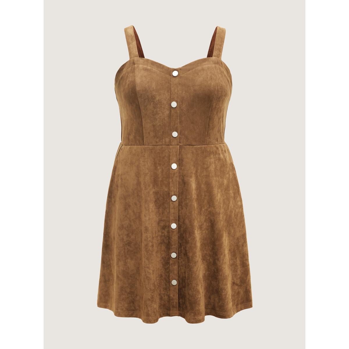 Plus Size Suede Button Placket Sweetheart Midi Dress Browncoffeecolor Women Boho Square Neck Sleeveless Curvy BloomChic 12/L Product Image
