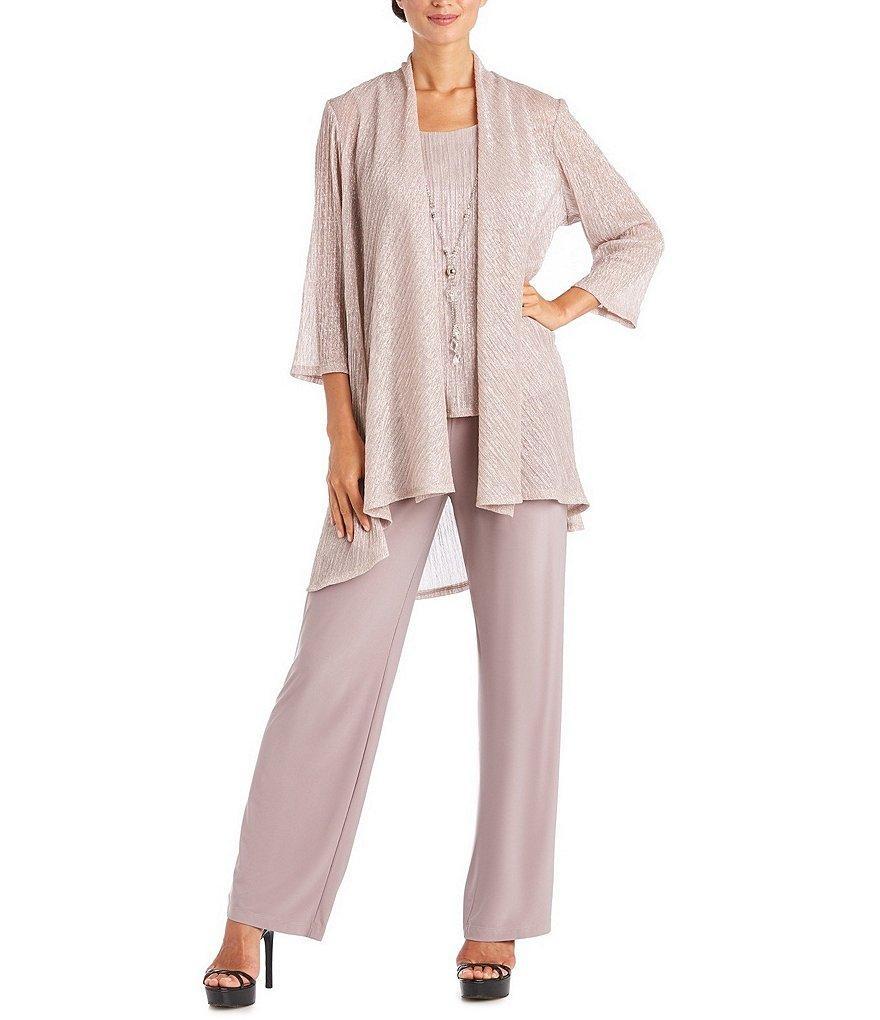 R & M Richards Pleated Crinkle Metallic Scoop Neck 3/4 Sleeve 2-Piece Pant Set Product Image