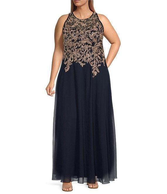 Betsy & Adam Plus Size Halter Neck Sleeveless Beaded A Line Chiffon Gown Product Image