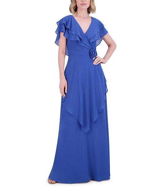 Jessica Howard Long Ruffle Rosette Chiffon Dress Product Image