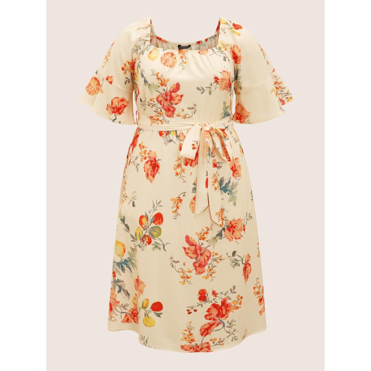 Plus Size Citrus Orange Print Square Neck Ruffles Gathered Dress Apricot Women Elegant Gathered Square Neck Half Sleeve Curvy Midi Dress BloomChic 12/L Product Image