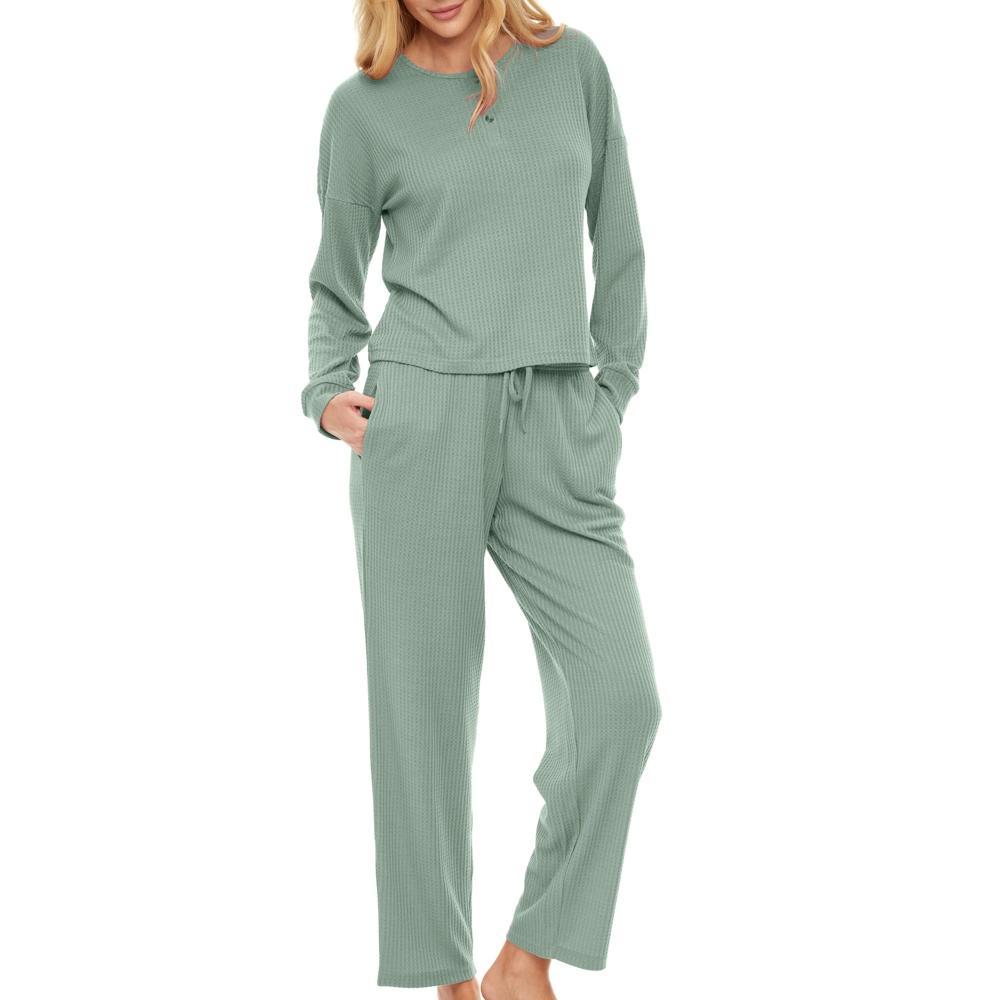 ADR Women's Pajamas Set, Soft Ribbed Knit Waffle Henley Pajamas Lounge Set, Lounge Sleeve Top and Pants with Pockets, Drawstring Product Image