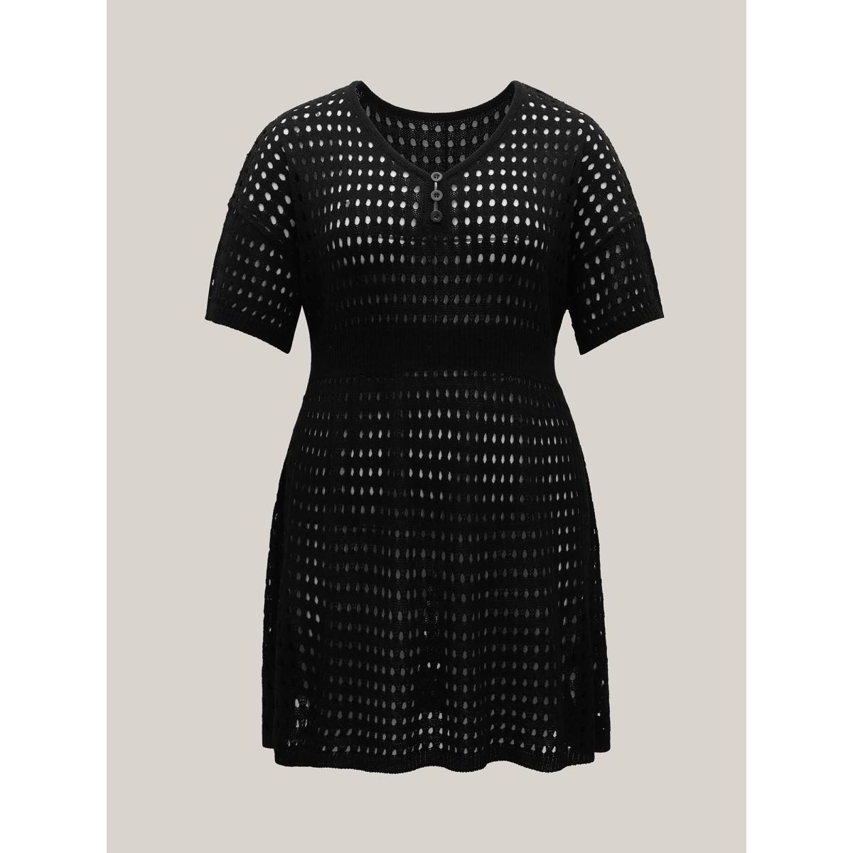 Plus Size Cut-Out Waist-Cinched Button Swim Cover-Up Women's Swimwear Black Resort Loose Cut-Out Curve Swim Cover Ups BloomChic 26/4X Product Image