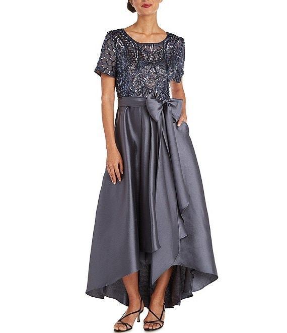R & M Richards Scoop Neck Short Sleeve Embroidered Sequin High-Low Gown Product Image