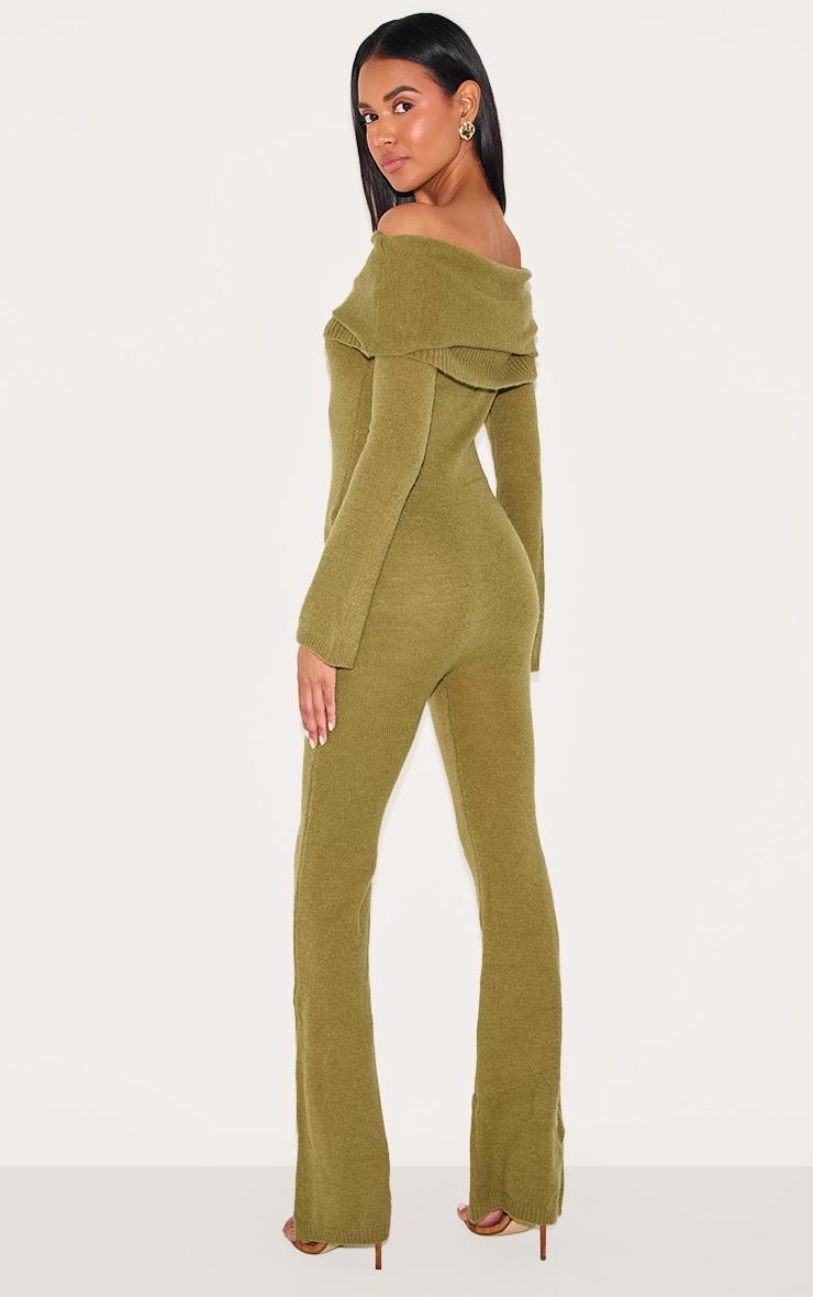 Olive Soft Knit Bardot Foldover Asymmetric Neck Jumpsuit Product Image