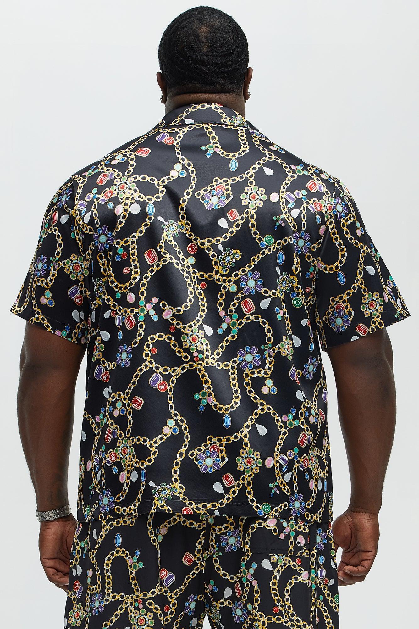 Tidal Jewel Printed Cuban Collar Button Up Shirt - Black/combo Product Image