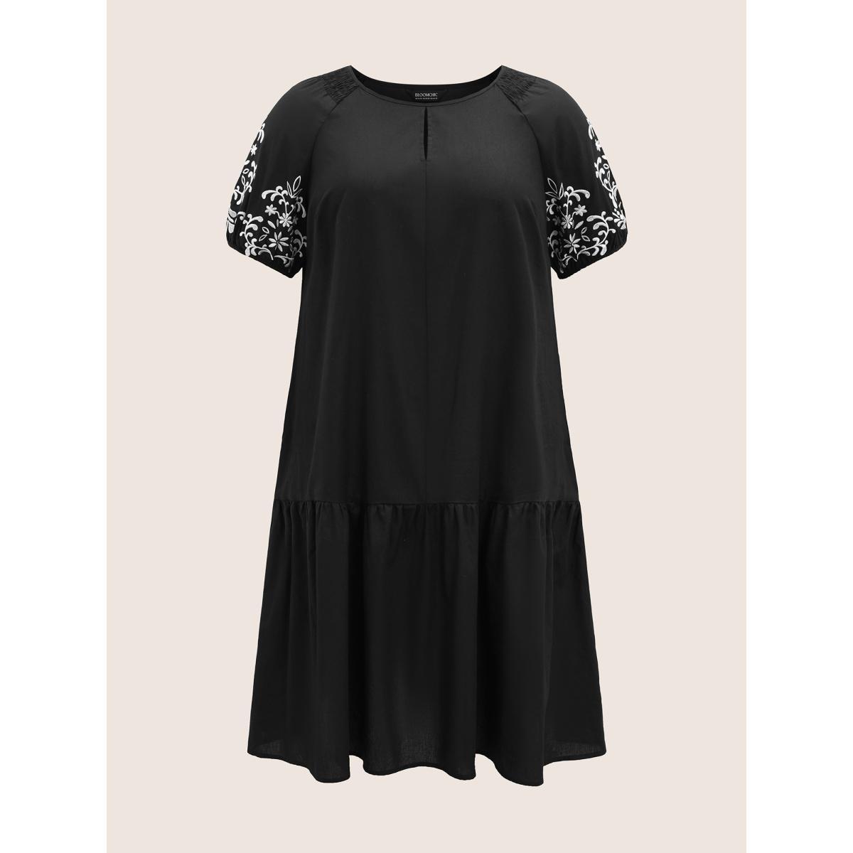 Plus Size Floral Embroidered Keyhole Lantern Sleeve Dress Black Women Casual Gathered Round Neck Half Sleeve Curvy BloomChic 12/L Product Image
