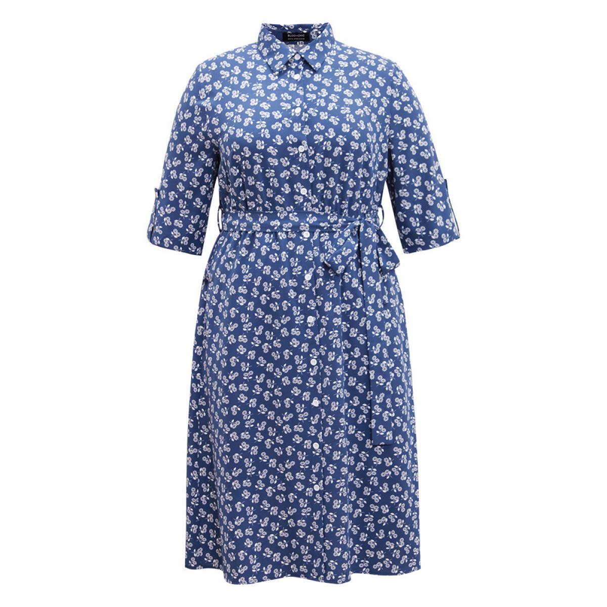 Plus Size Ditsy Floral Belted Button Through Tab Sleeve Dress Aegean Women Office Belted Shirt collar Elbow-length sleeve Curvy Midi Dress BloomChic 14-16/1X Product Image