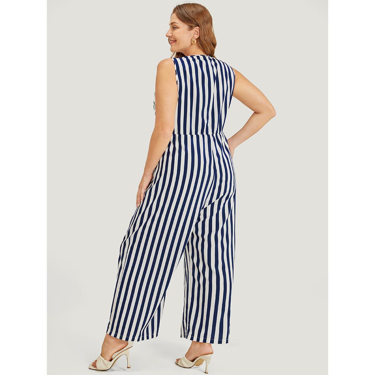 Plus Size DarkBlue Striped Print Contrast Lace Pocket Knot Tassels Tank Jumpsuit Women Office Sleeveless V-neck Office Loose Jumpsuits BloomChic 14-16/1X Product Image