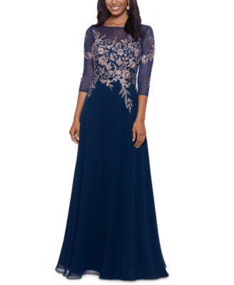 Betsy  Adam Embroidered Bodice Boat Neck 34 Sleeve Chiffon Gown Product Image