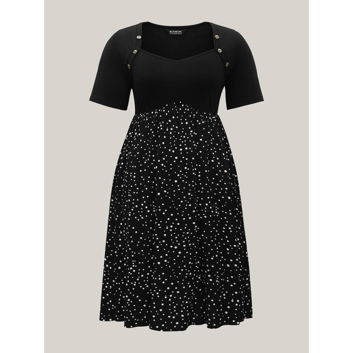 Plus Size Color Contrast Shoulder Button Sleeve Midi Dress Black Women Button Heart neckline Short sleeve Curvy BloomChic 12/L Product Image