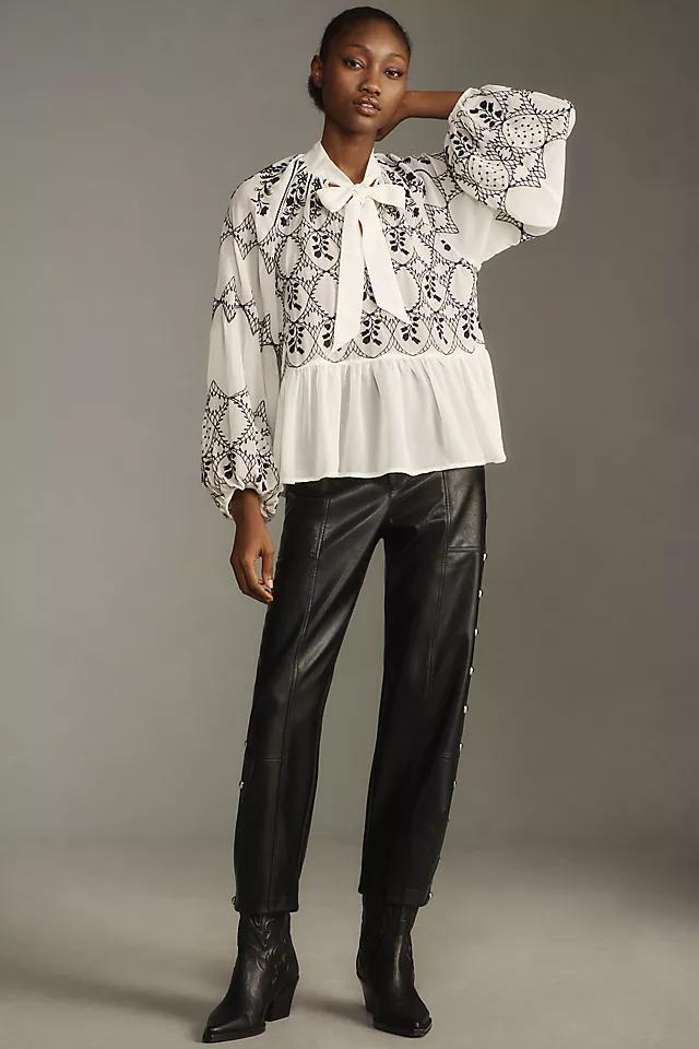 By Anthropologie Long-Sleeve Tie-Neck Embroidered Blouse Product Image