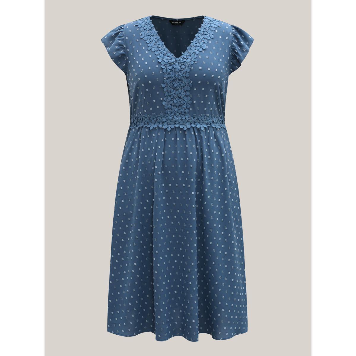 Plus Size Lace Textured Spliced Pockets Midi Dress Mediumblue Women Office Woven ribbon&lace trim V-neck Cap Sleeve Curvy BloomChic 22-24/3X Product Image
