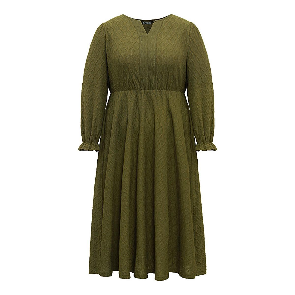 Plus Size Textured Jacquard Notched Ruffle Sleeve Dress ArmyGreen Women At the Office Texture Notched collar Long Sleeve Curvy Midi Dress BloomChic 14-16/1X Product Image