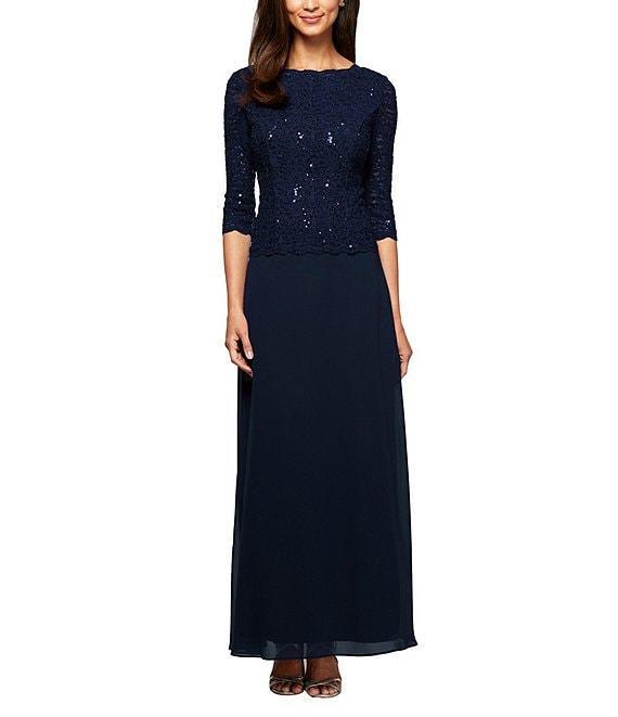 Alex Evenings Petite Size Sequined Lace Bodice Crew Neck 3/4 Sleeve Chiffon Skirted Gown Product Image