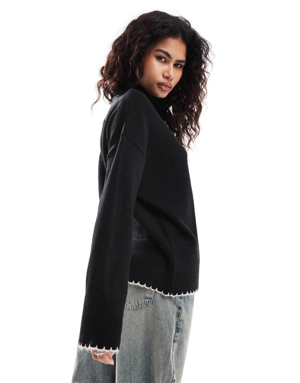 ASOS DESIGN high neck sweater with blanket stitch in black Product Image