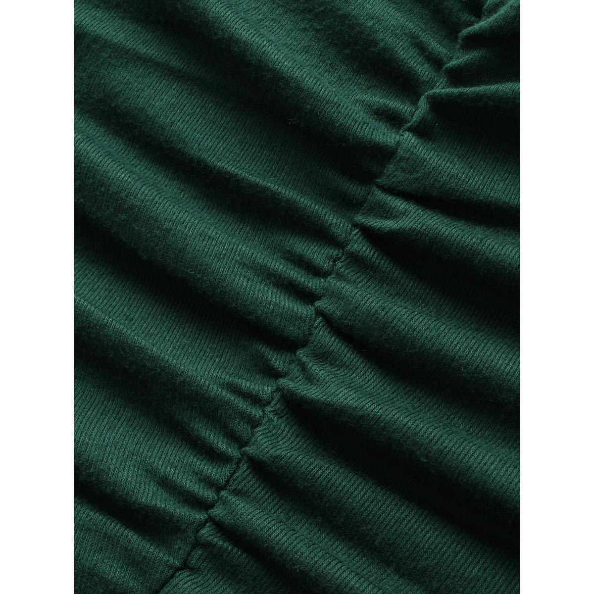 Plus Size Plain Gathered Button Detail T-shirt DarkGreen Women Leisure Gathered Plain Round Neck Casual T-shirts BloomChic 30/6X Product Image