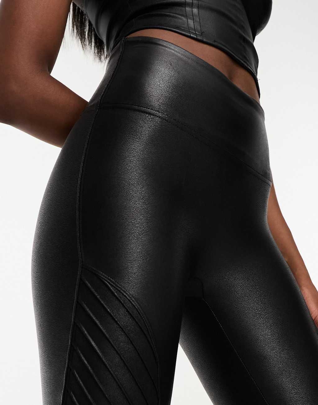 Spanx Petite leather look biker leggings in black Product Image