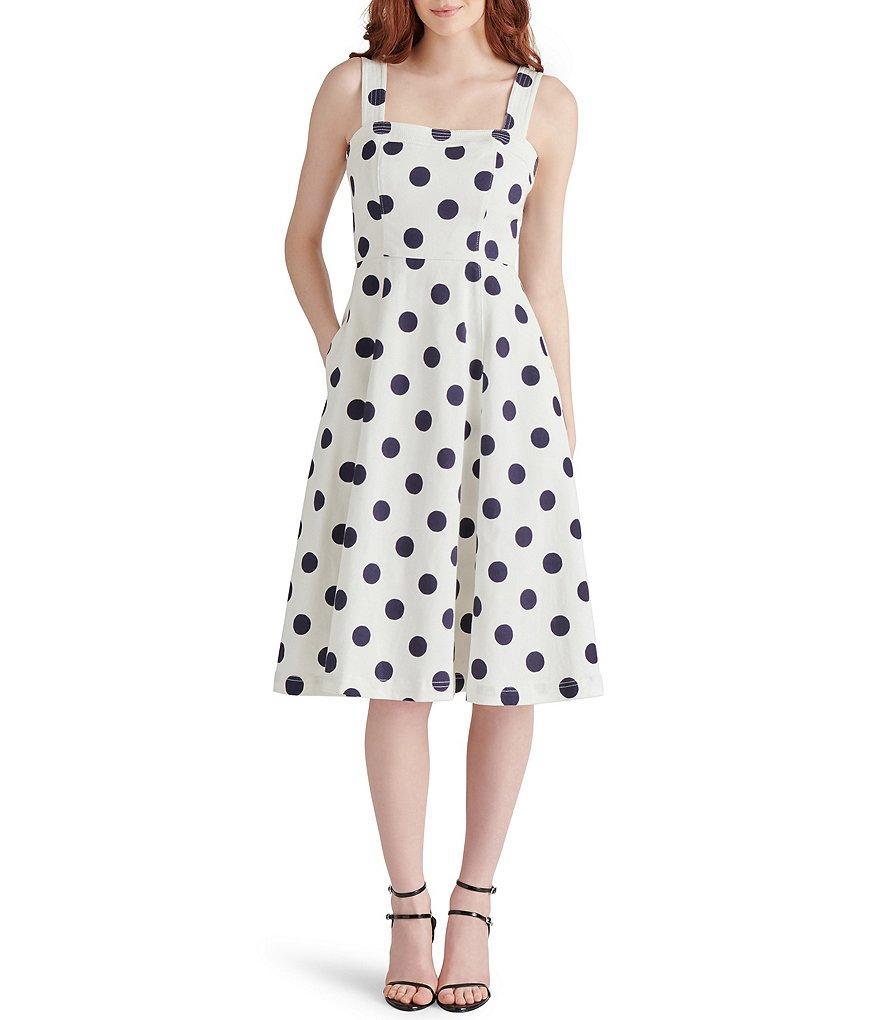 Steve Madden Dolly Woven Dotted Print Square Neck Sleeveless A-Line Midi Dress Product Image