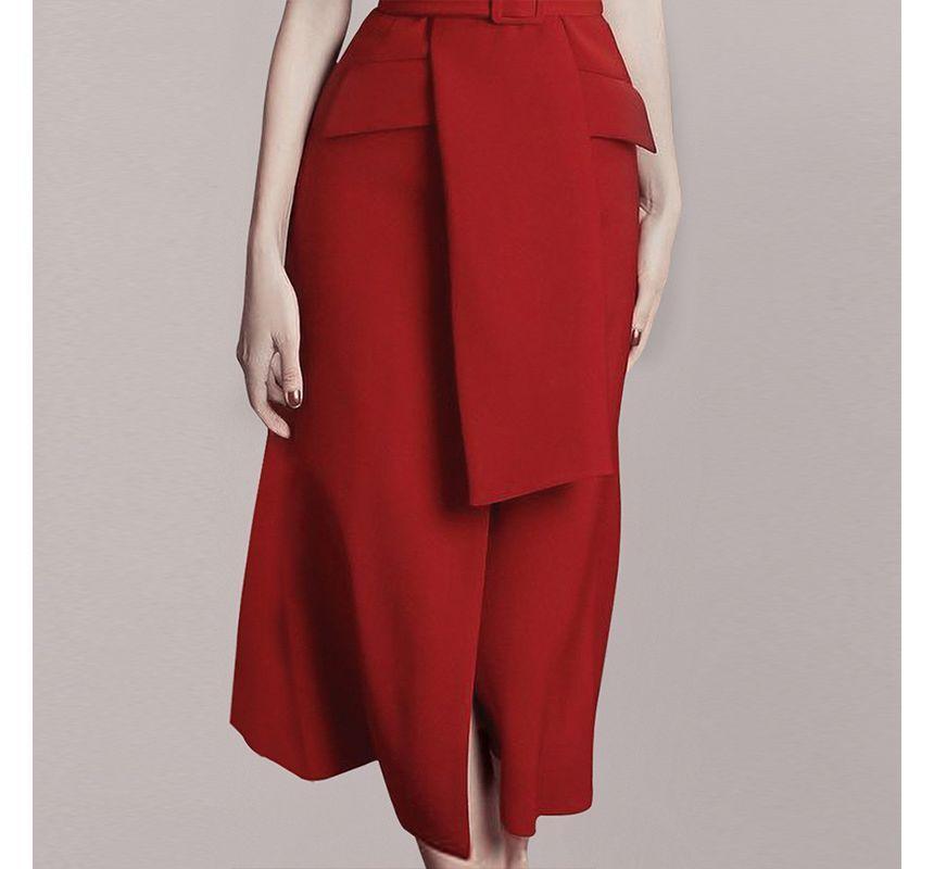 Sleeveless Asymmetrical Lapel Plain Belted Midi A-Line Dress Product Image