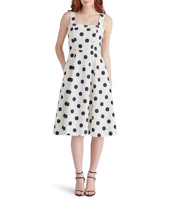 Steve Madden Dolly Woven Dotted Print Square Neck Sleeveless A-Line Midi Dress Product Image