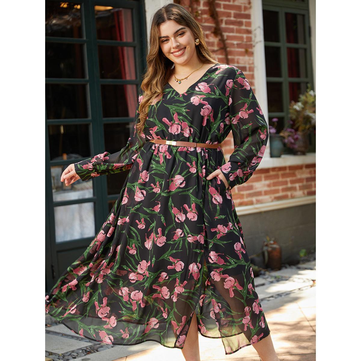 Plus Size Floral Print Chiffon Split Side Elastic Waist Dress Black Women Elegant Printed V-neck Long Sleeve Curvy Midi Dress BloomChic 12/L Product Image