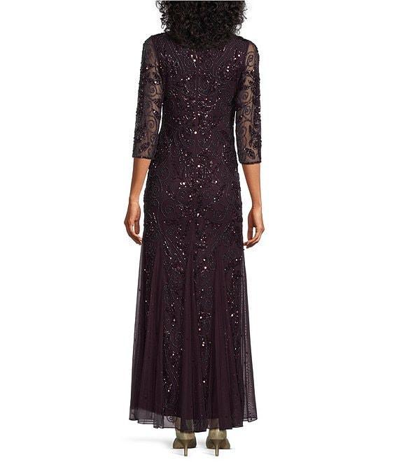 Pisarro Nights Beaded Sequin Boat Neck Illusion 3/4 Sleeve Gown Product Image