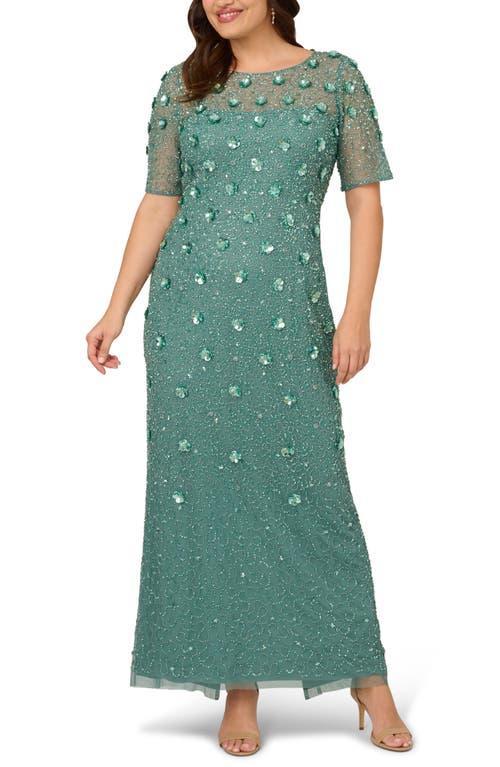 Adrianna Papell Floral Beaded Mesh Round Neck Short Sleeve Gown Product Image