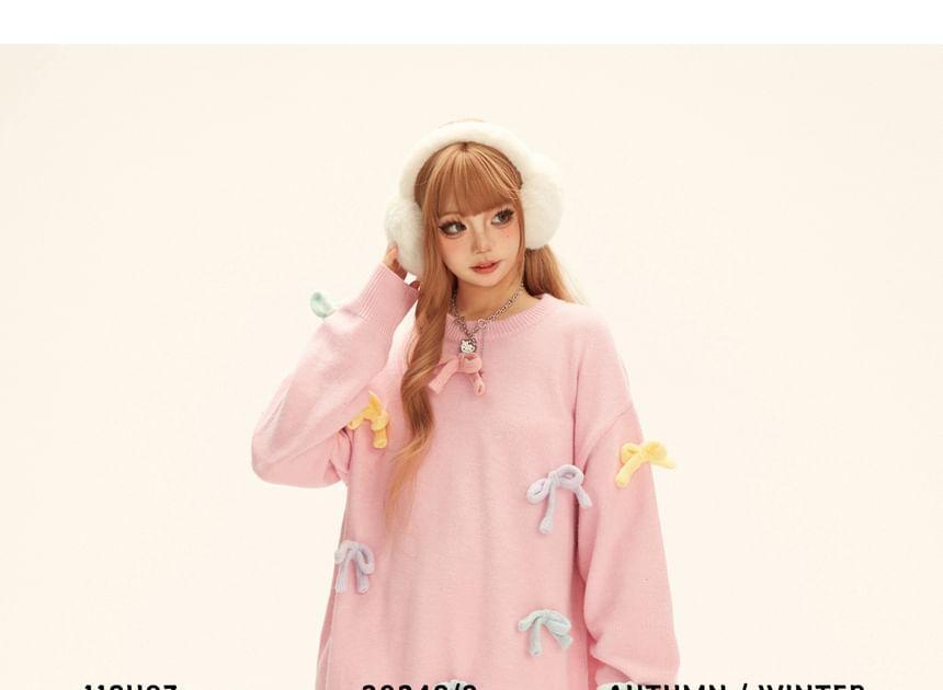 Crew Neck Bow Detail Oversized Sweater Product Image