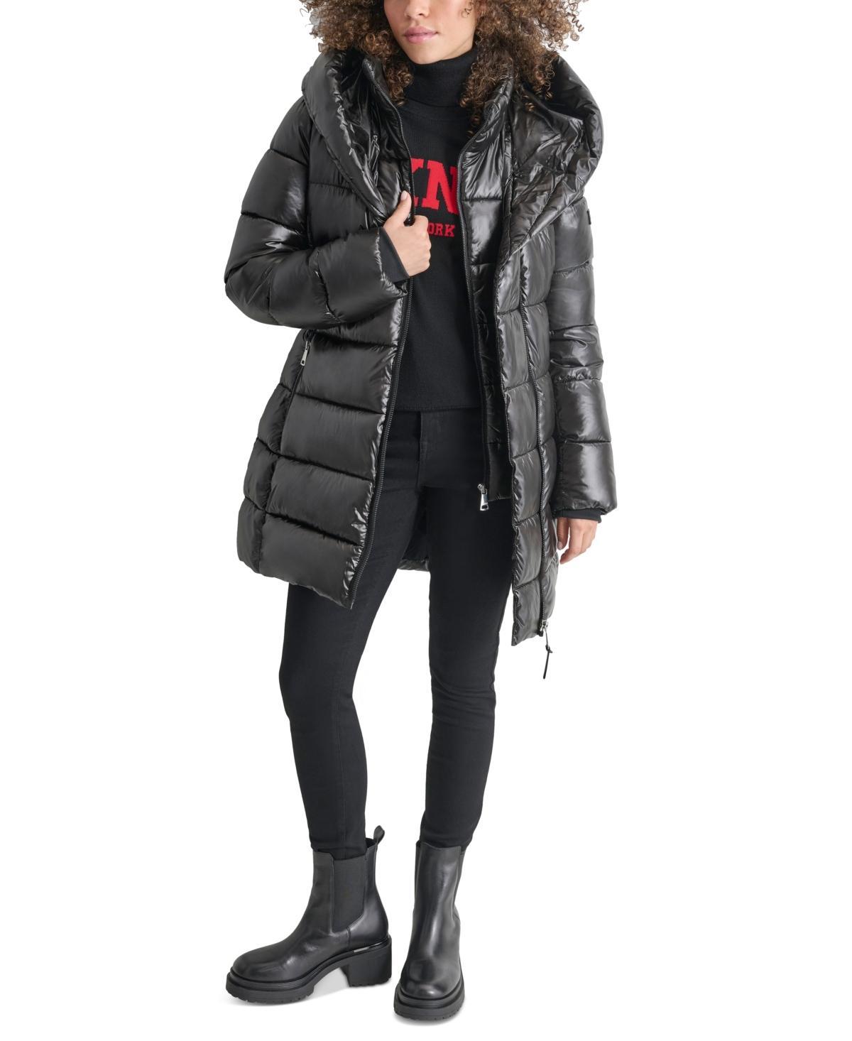 Dkny Womens Bibbed Shawl-Collar Packable Shine Puffer Coat Product Image