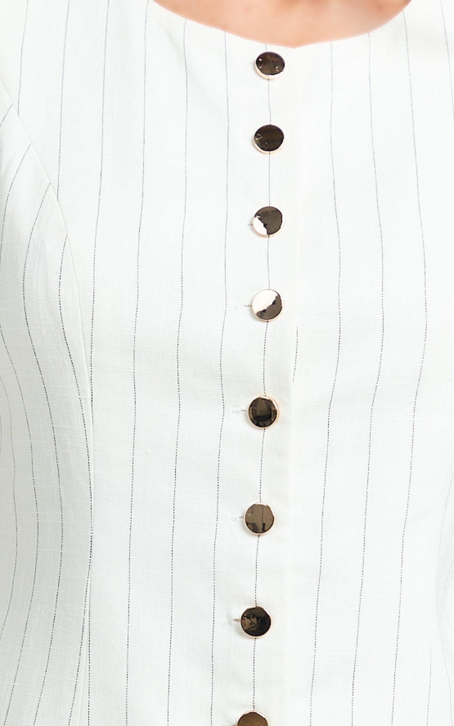 Calvin Two Piece Set - Tailored Linen Scoop Neck Vest Top and A Line Mini Skirt Set in White Pinstripe Product Image