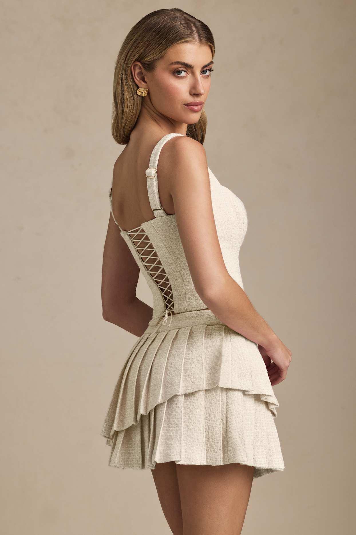 Layered Pleated Low-Rise Mini Skirt in Ivory Product Image