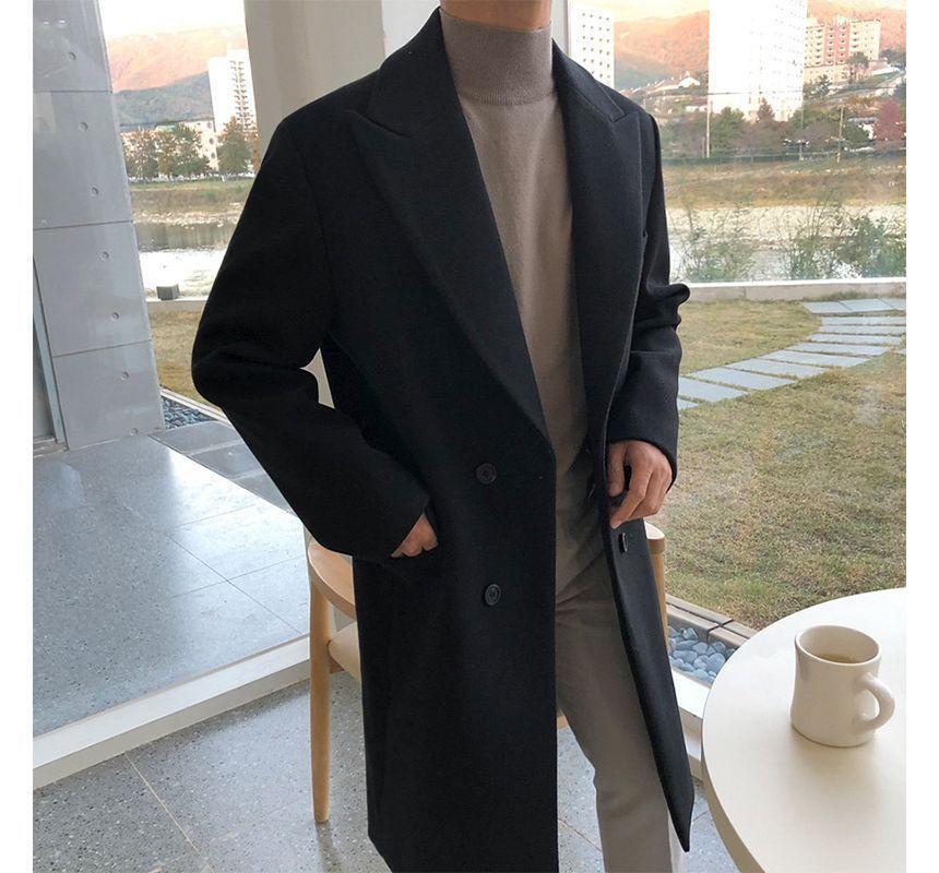 Long-Sleeve  Plain Double-Breasted Woolen Coat Product Image