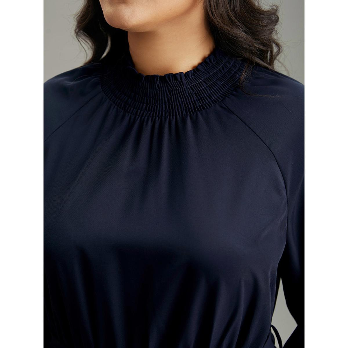 Plus Size Anti-Wrinkle Plain Shirred Mock Neck Belted Dress DarkBlue Women Elegant Elastic cuffs Mock Neck Long Sleeve Curvy Midi Dress BloomChic 30/6X Product Image