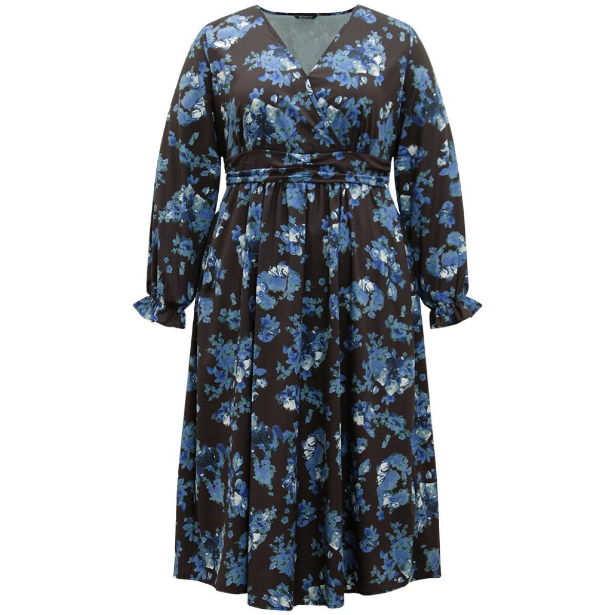 Plus Size Silhouette Floral Print Wrap Pocket Dress Black Women Elegant Gathered V-neck Long Sleeve Curvy Midi Dress BloomChic 12/L Product Image