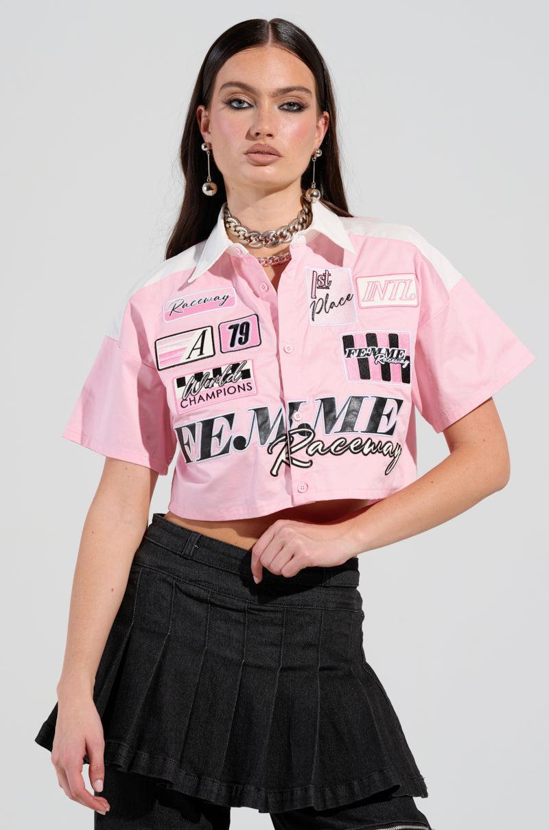 FEMME RACING BUTTON DOWN POPLIN SHIRT IN PINK Product Image