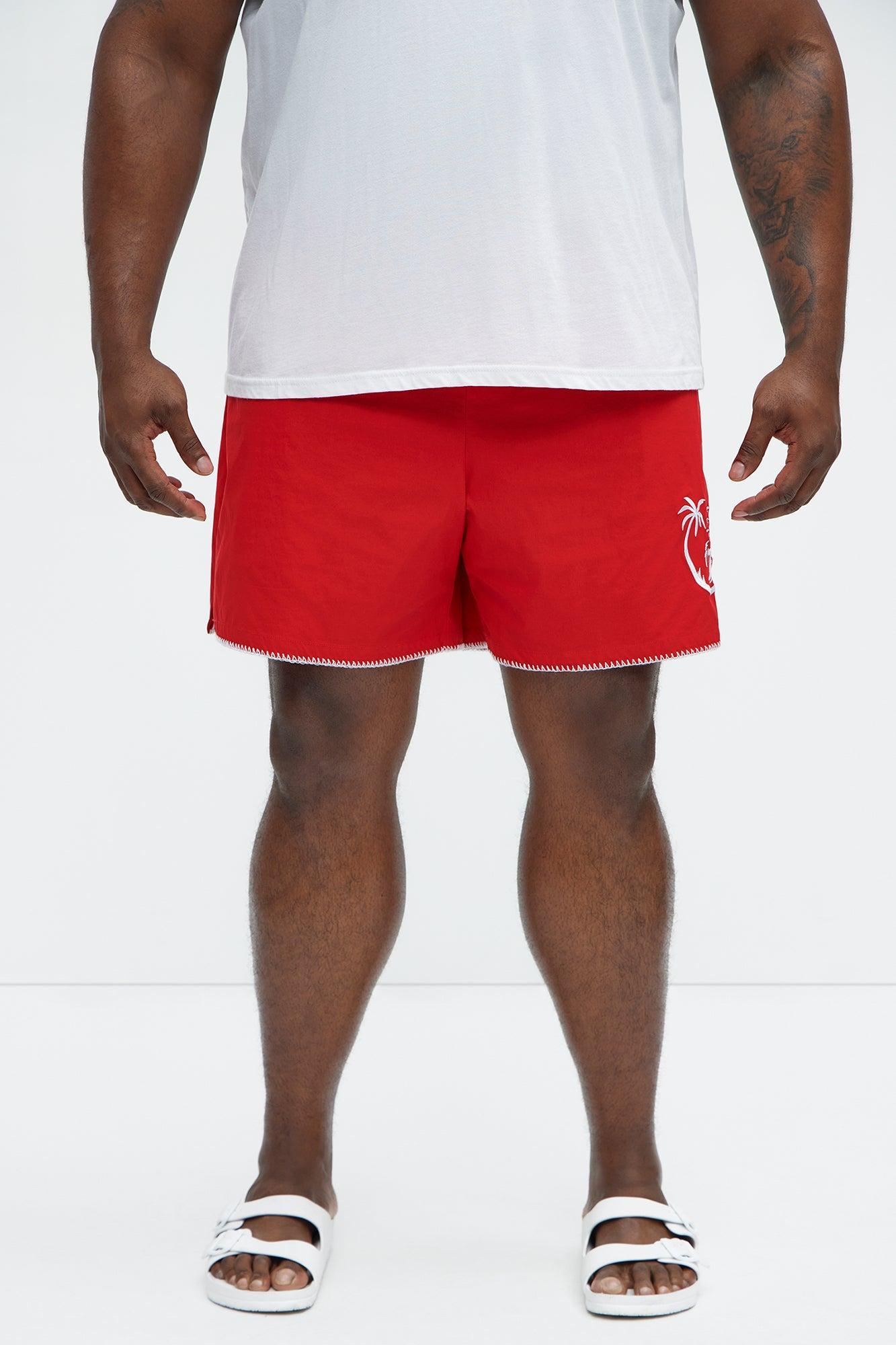 Palm Embroidered Swim Mid Trunk - Red Product Image