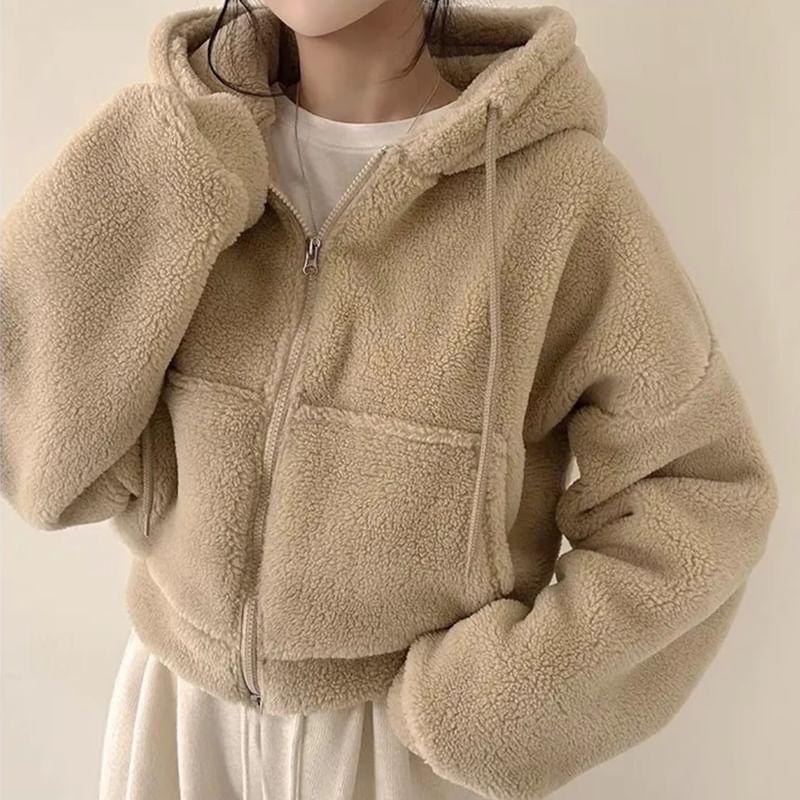 Plain Zip Faux Shearling Cropped Hoodie Product Image