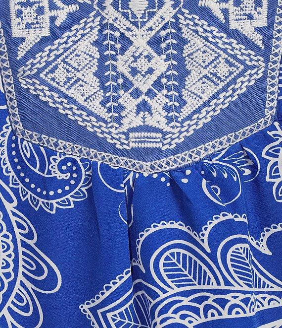 Calessa Petite Size Summer Paisley Split V-Neck Embroidered Tunic Product Image